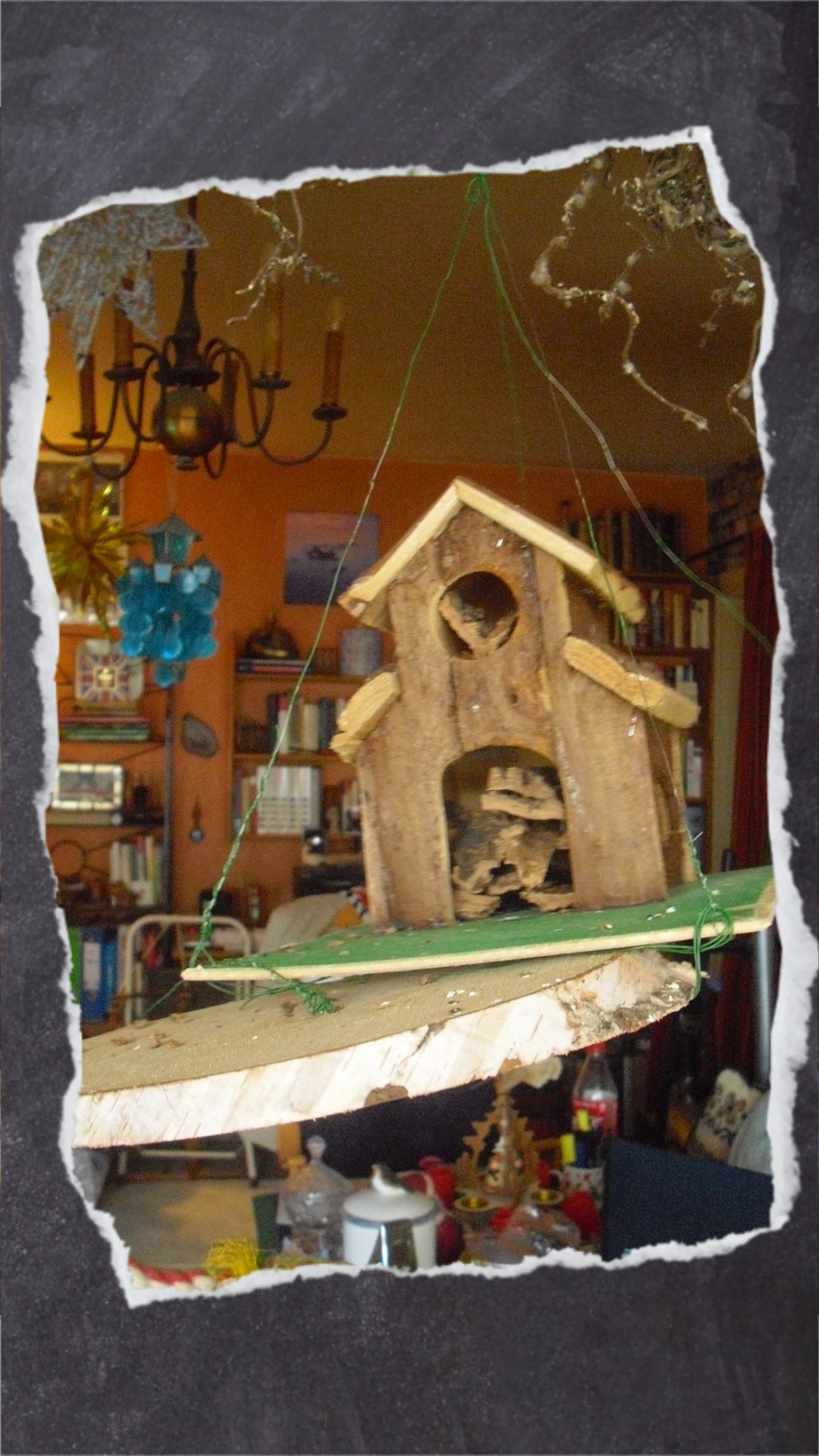 Holzhaus mit vielen kleinen Holzstückchen und Korkresten zum Herausholen für die Wellensittiche.