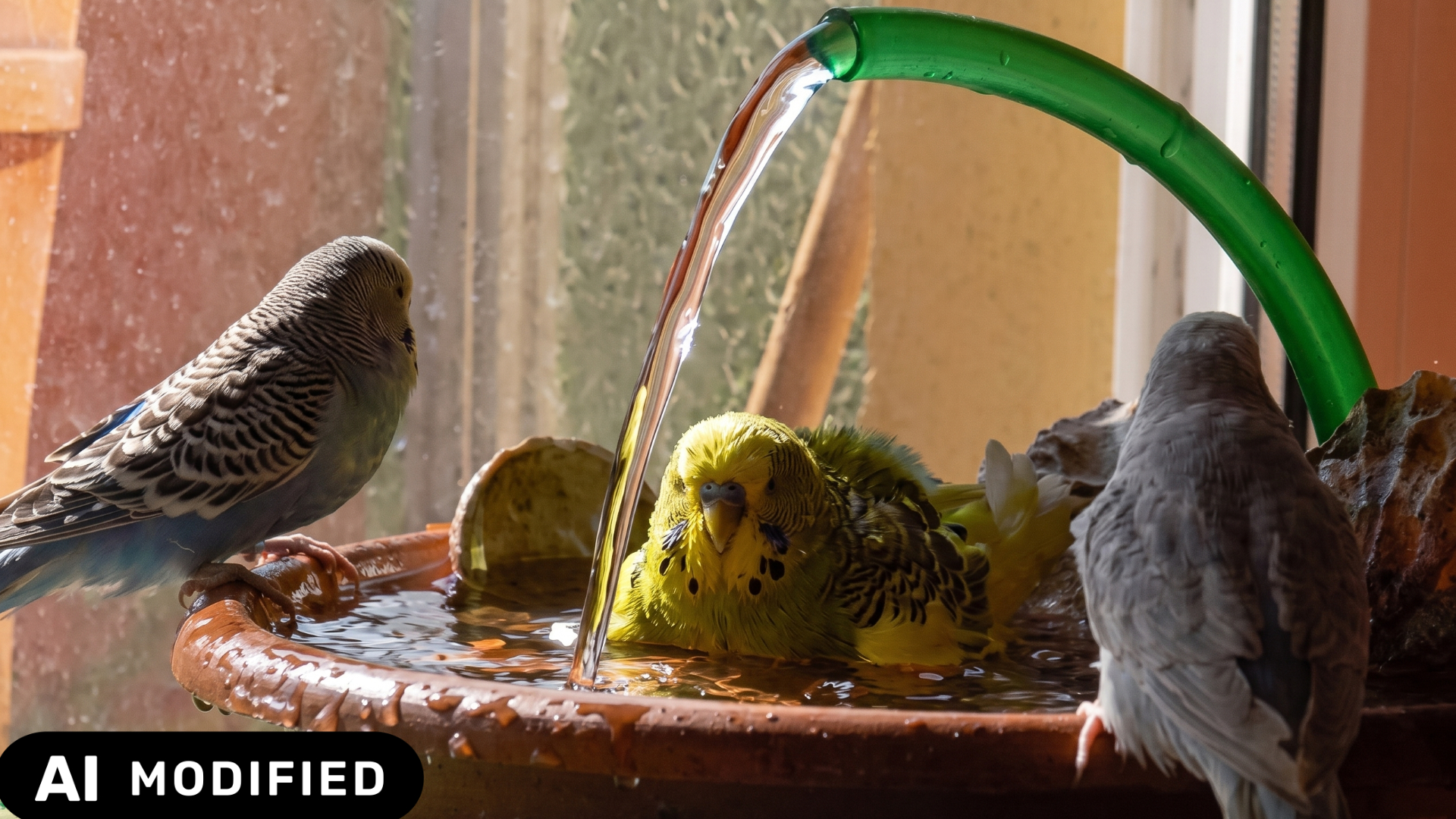 Wellensittiche baden mit Wellidusche, Bild wurde mit KI verändert