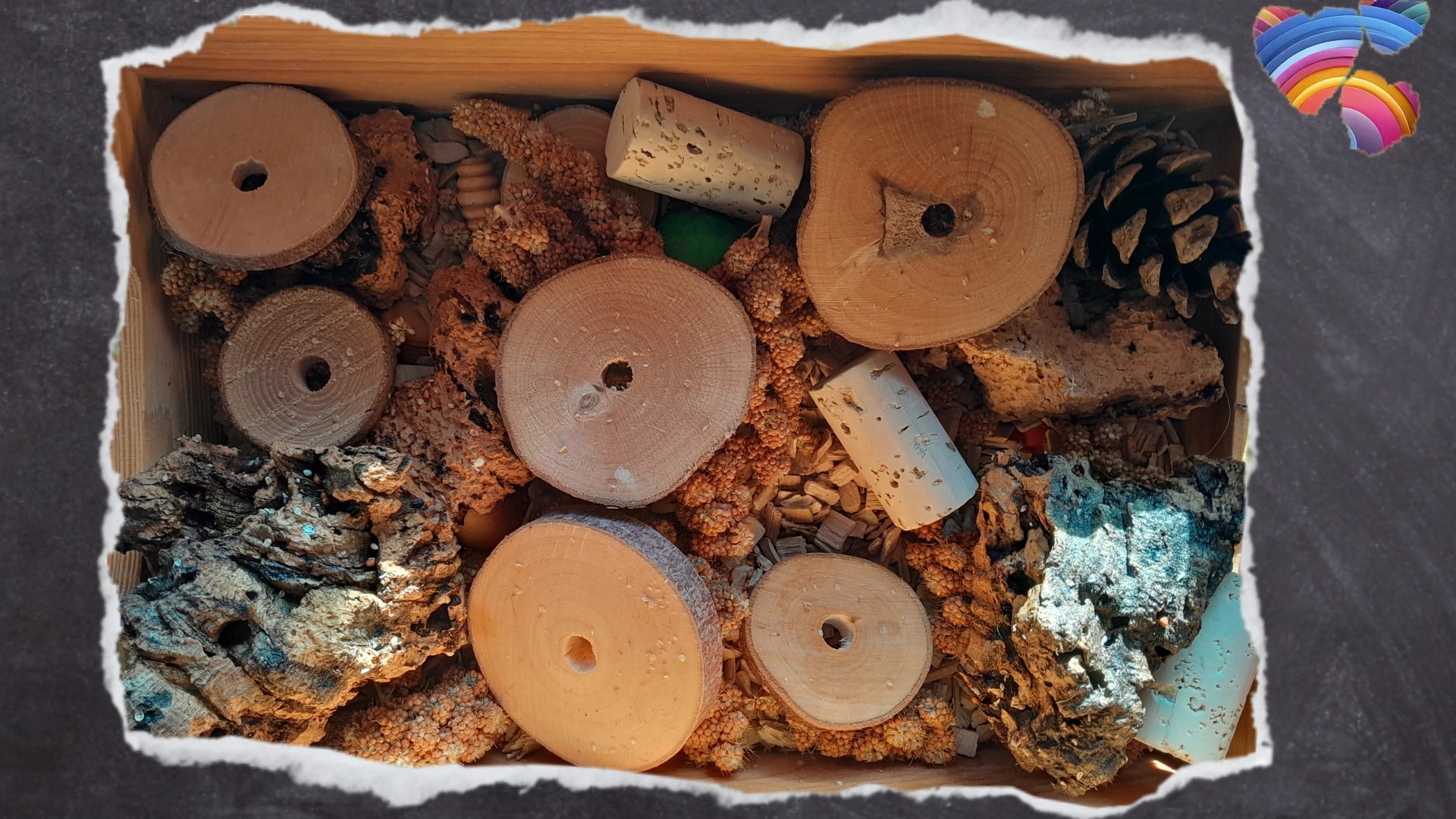 Natürliches Spielzeug und Kolbenhirse in Wühlkiste